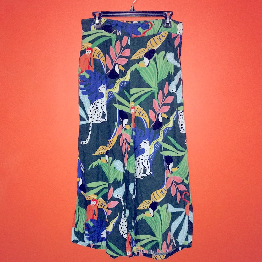 Jungle Print Linen Wide Leg Pants Woman’s Large 12/14 Leopard Monkey Palms Birds